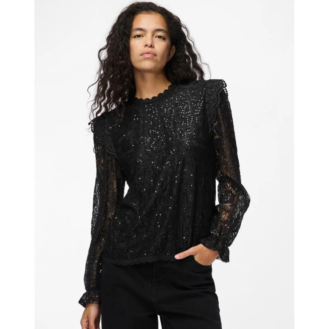Blouse manches longues en dentelle Colline noir Ella
