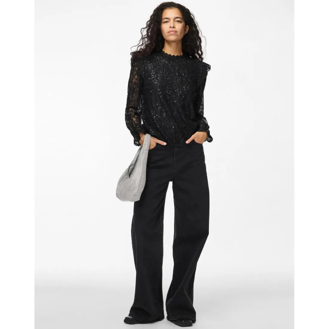 Blouse manches longues en dentelle Colline noir Ella