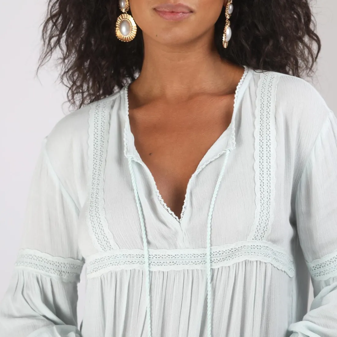 Blouse manches longues en viscose et bas élastiqués dentelle femme - Bleu