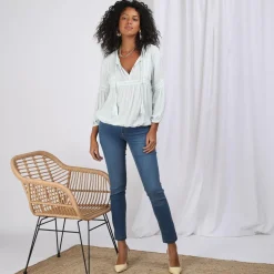 Blouse manches longues en viscose et bas élastiqués dentelle femme - Bleu