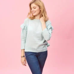 Blouse manches longues et volants femme - Vert en coton