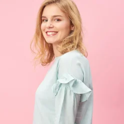 Blouse manches longues et volants femme - Vert en coton