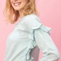 Blouse manches longues et volants femme - Vert en coton