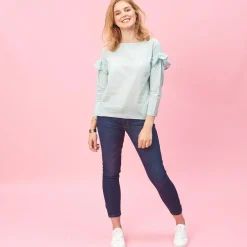 Blouse manches longues et volants femme - Vert en coton