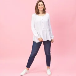 Blouse manches longues et bas effet froncé femme - Blanc