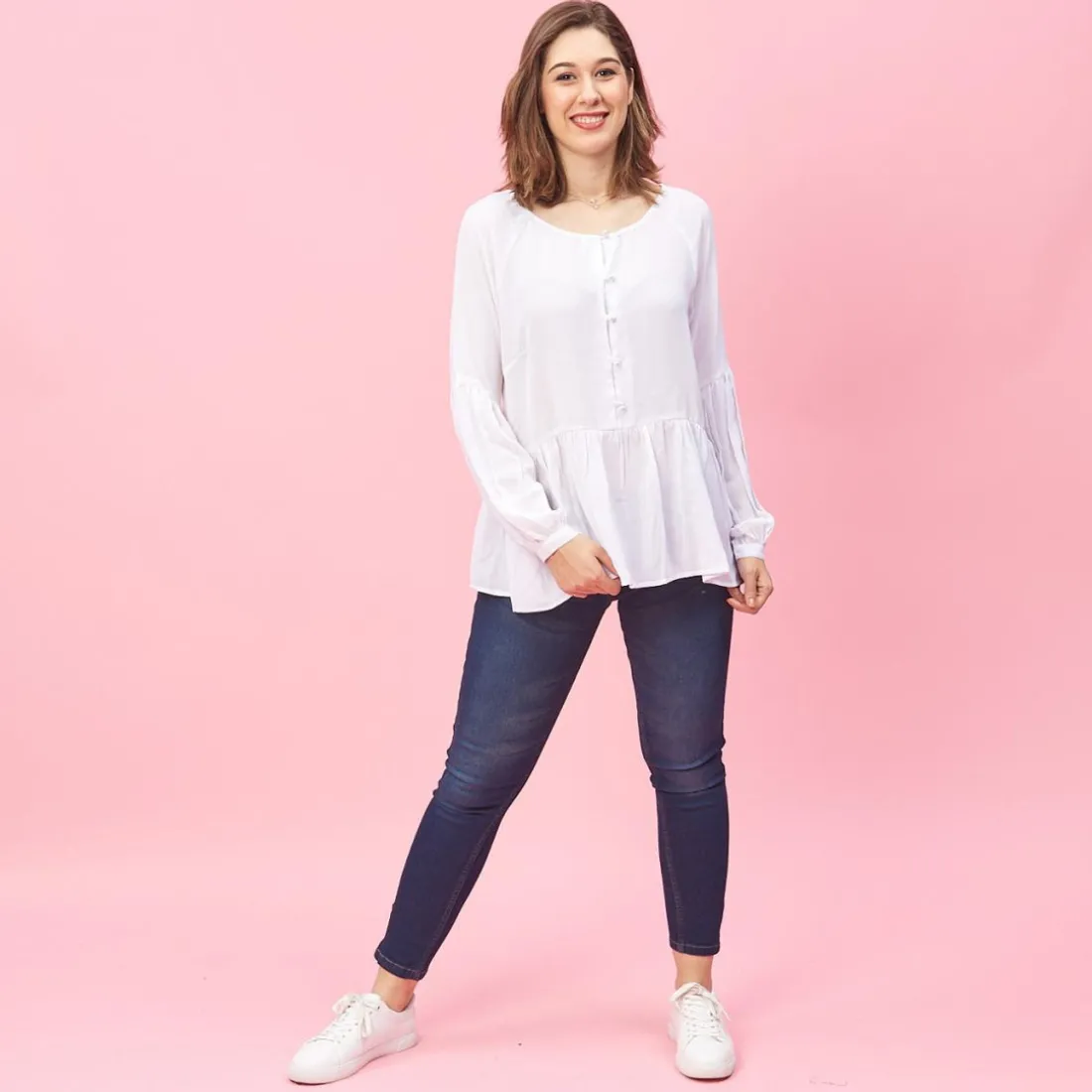 Blouse manches longues et bas effet froncé femme - Blanc