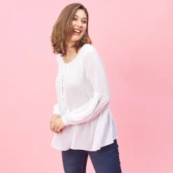 Blouse manches longues et bas effet froncé femme - Blanc