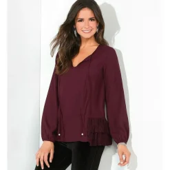 Blouse manches longues élastiquées volants en dentelle sur le bas femme - Lie De Vin rouge