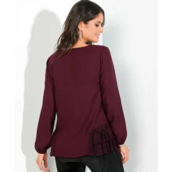 Blouse manches longues élastiquées volants en dentelle sur le bas femme - Lie De Vin rouge