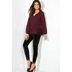 Blouse manches longues élastiquées volants en dentelle sur le bas femme - Lie De Vin rouge