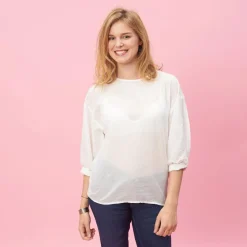 Blouse manches longues élastiquées femme - Rose blanc en coton
