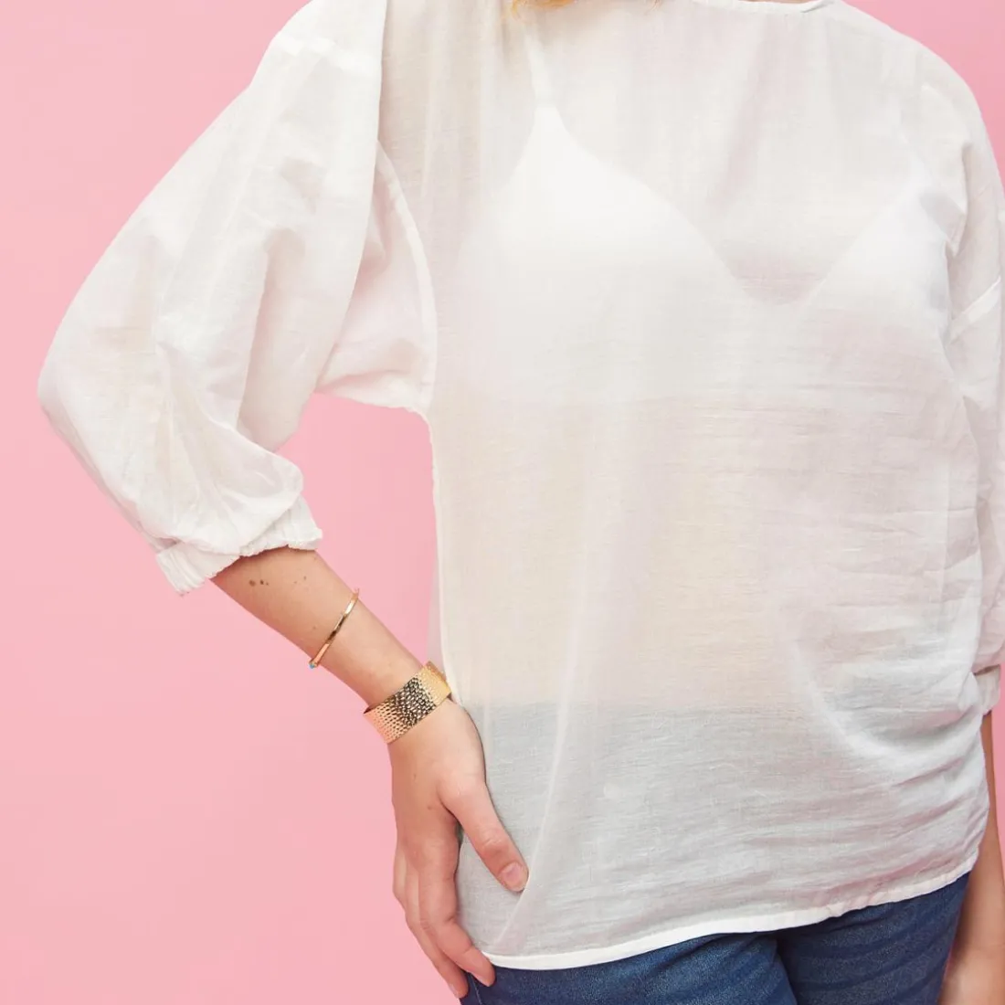 Blouse manches longues élastiquées femme - Rose blanc en coton