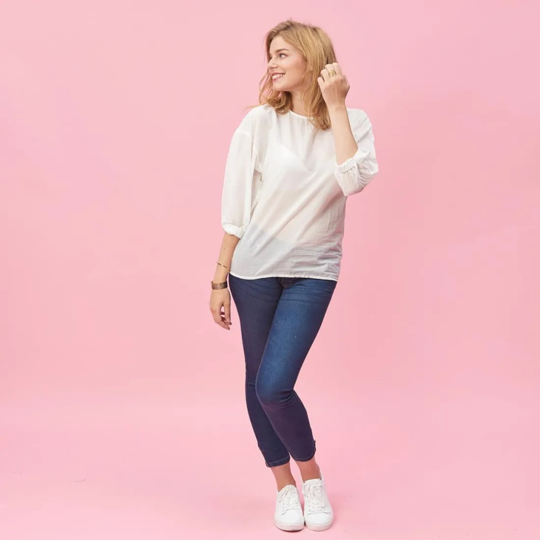 Blouse manches longues élastiquées femme - Rose blanc en coton