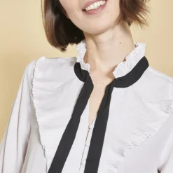 Blouse manches longues volants plissés et ruban contrasté femme - Blanc