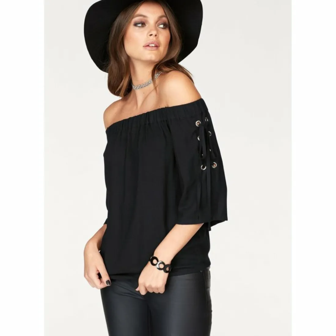 Blouse épaules dénudées avec laçage manches 3/4 femme Melrose - Noir en viscose