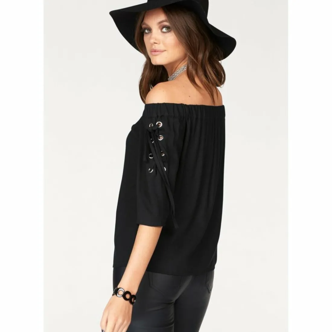 Blouse épaules dénudées avec laçage manches 3/4 femme Melrose - Noir en viscose