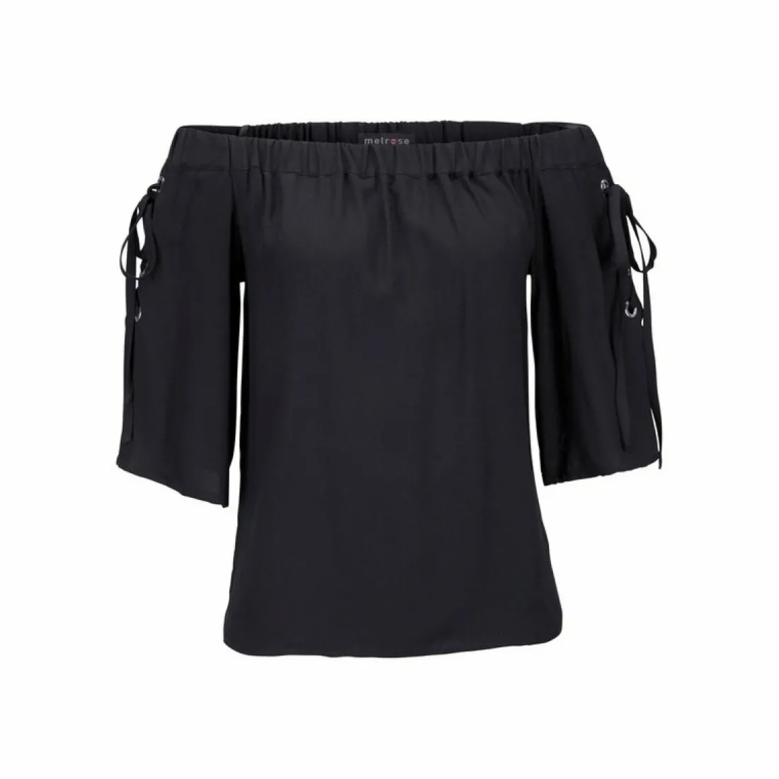 Blouse épaules dénudées avec laçage manches 3/4 femme Melrose - Noir en viscose