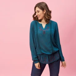 Blouse plis broderie volant manches longues femme - Bleu Pétrole en viscose