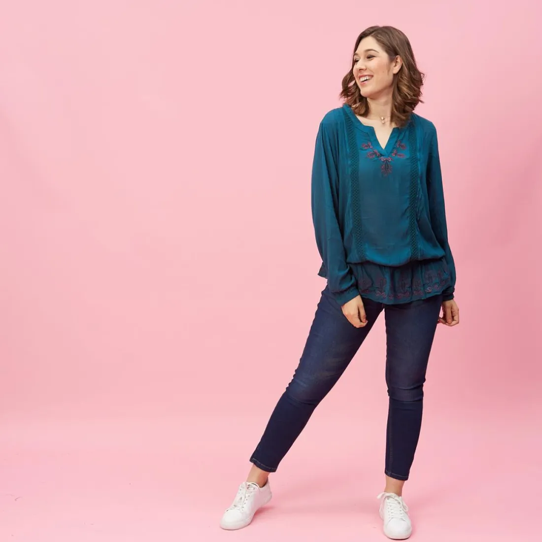Blouse plis broderie volant manches longues femme - Bleu Pétrole en viscose