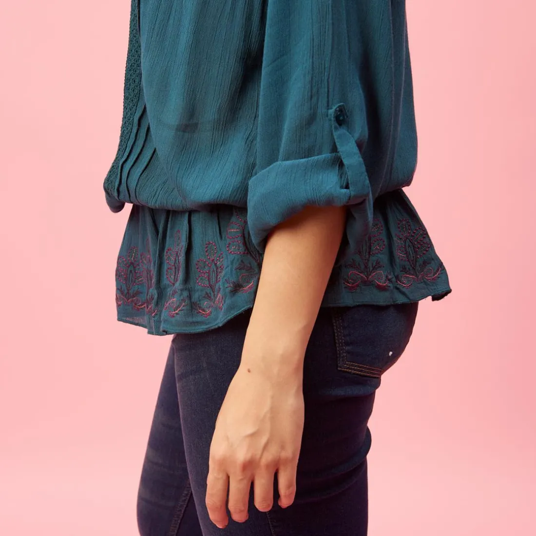 Blouse plis broderie volant manches longues femme - Bleu Pétrole en viscose