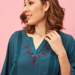 Blouse plis broderie volant manches longues femme - Bleu Pétrole en viscose