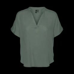 Blouse poignets repliés col fendu manches larges manches courtes vert en viscose Ida