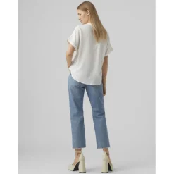 Blouse poignets repliés col fendu manches larges manches courtes blanc en viscose Lise