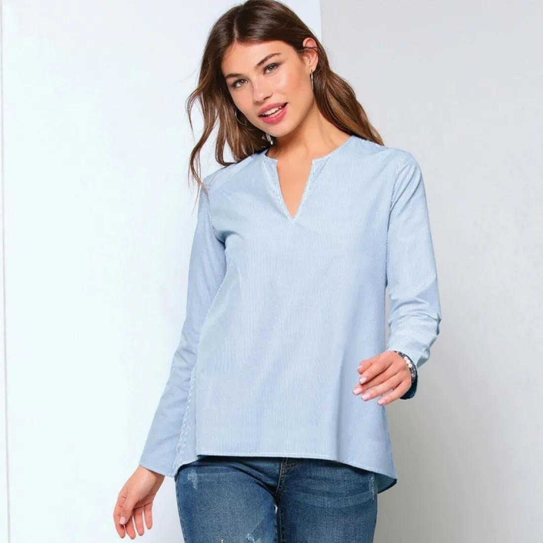 Blouse rayée asymétrique manches longues femme - Imprimé bleu