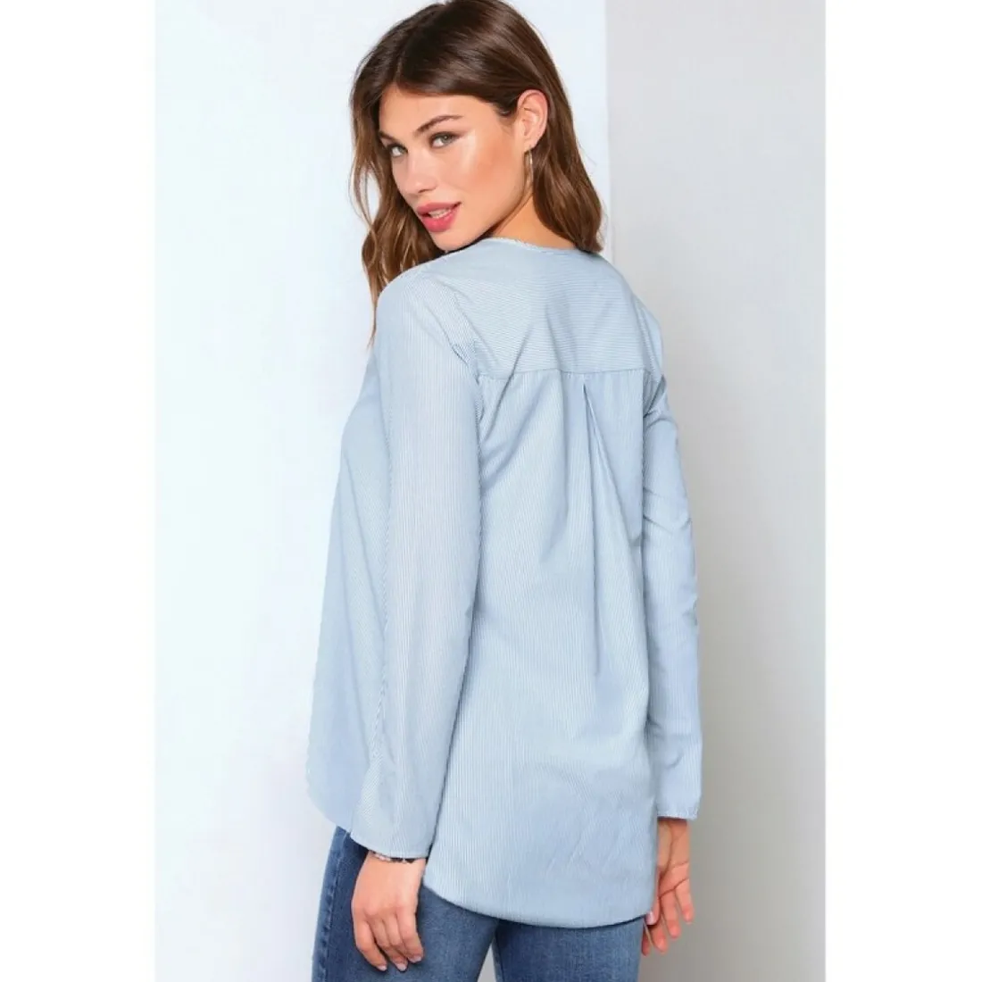 Blouse rayée asymétrique manches longues femme - Imprimé bleu