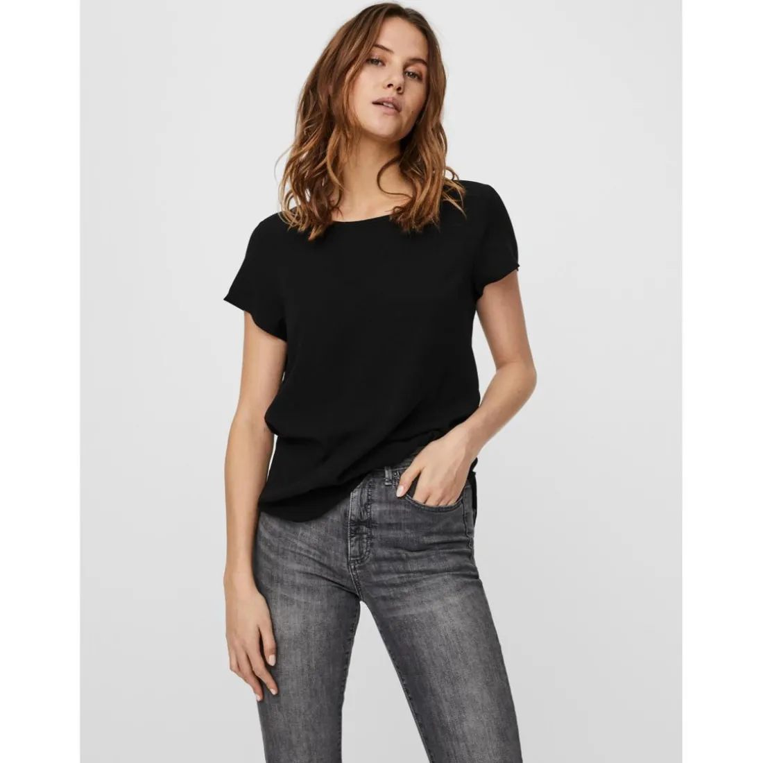 Blouse Regular Fit Col rond Manches courtes Longueur regular noir en viscose