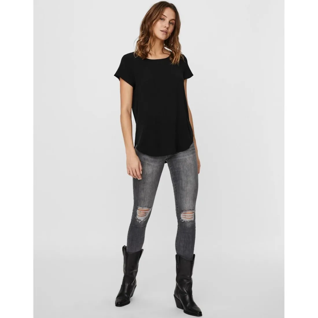 Blouse Regular Fit Col rond Manches courtes Longueur regular noir en viscose