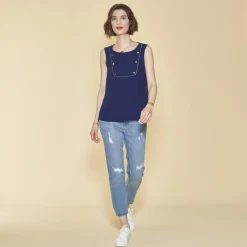 Blouse Sans Manche Rubans Et B bleu en coton