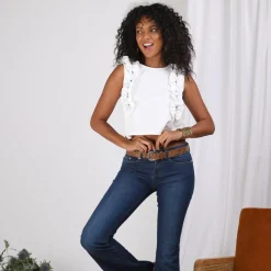 Blouse sans manches volants et pierres femme - écru blanc