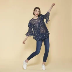 Blouse semi-transparente manches 3/4 volants ouverture dos femme - Imprimé Bleu Marine