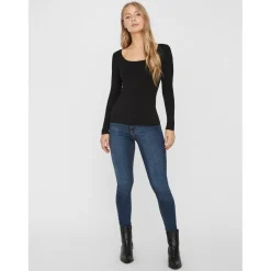 Blouse Slim Fit Col en U Manches longues Longueur regular noir