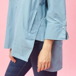 Blouse unie asymétrique fendue manches 3/4 femme - Bleu Ciel
