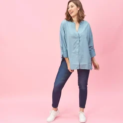 Blouse unie asymétrique fendue manches 3/4 femme - Bleu Ciel