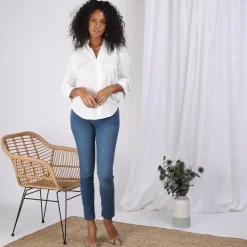 Blouse unie col V manches 3/4 et pli central femme - écru blanc