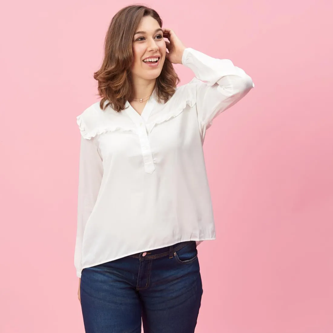 Blouse volants manches longues asymétrique femme - Blanc