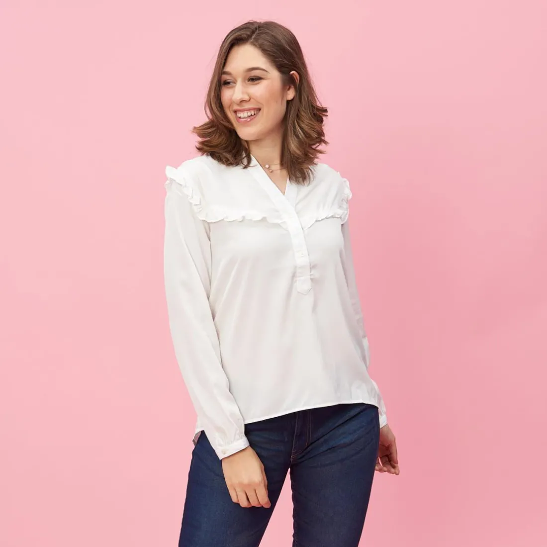 Blouse volants manches longues asymétrique femme - Blanc