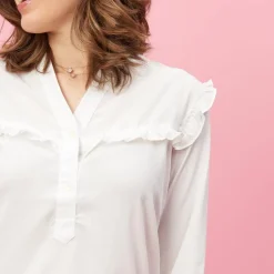 Blouse volants manches longues asymétrique femme - Blanc