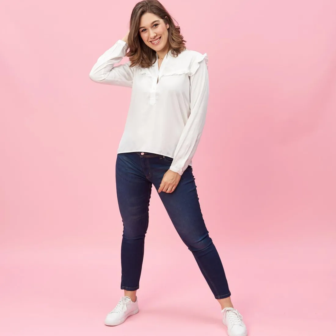 Blouse volants manches longues asymétrique femme - Blanc