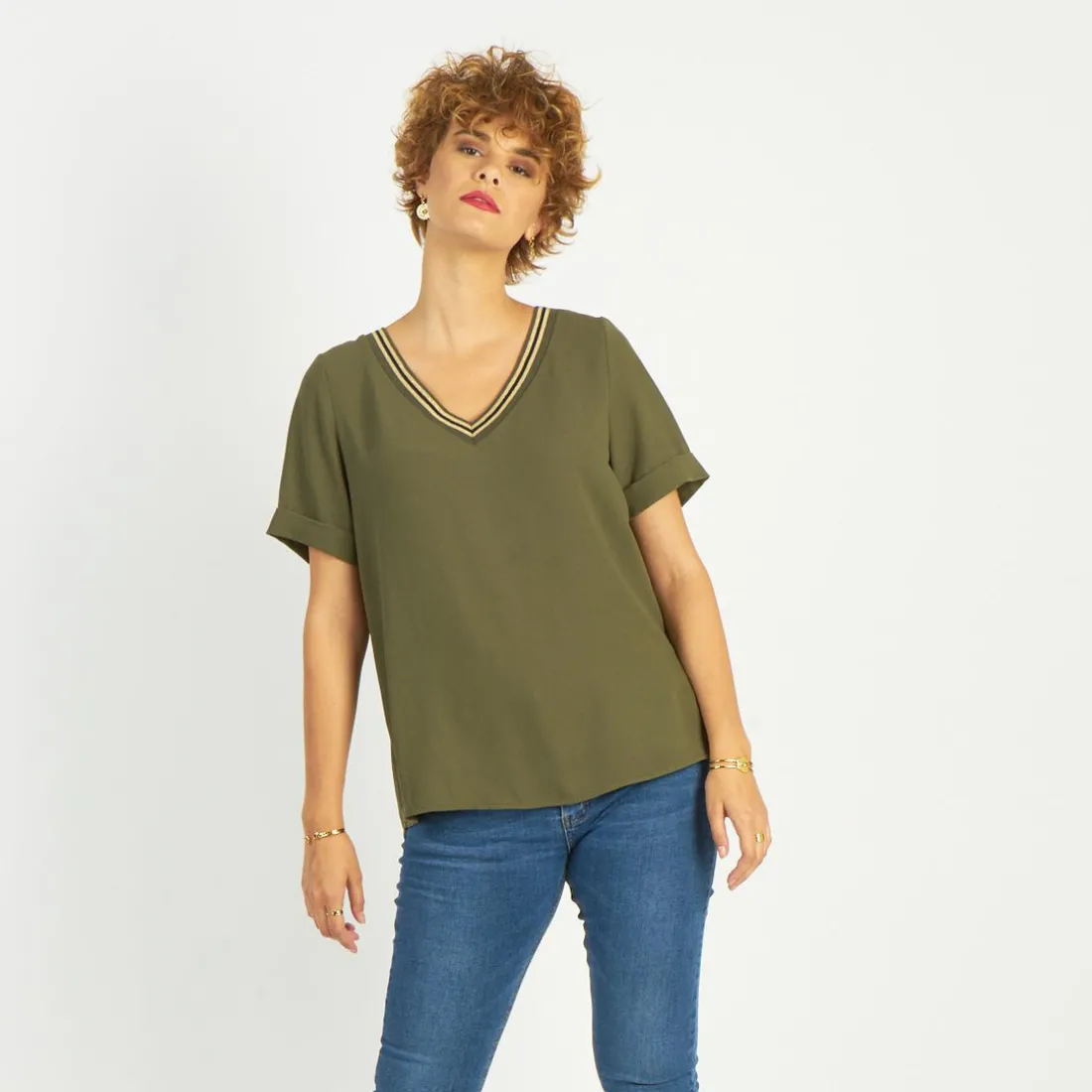 Blouses col V détail bandes à l'encolure Elena