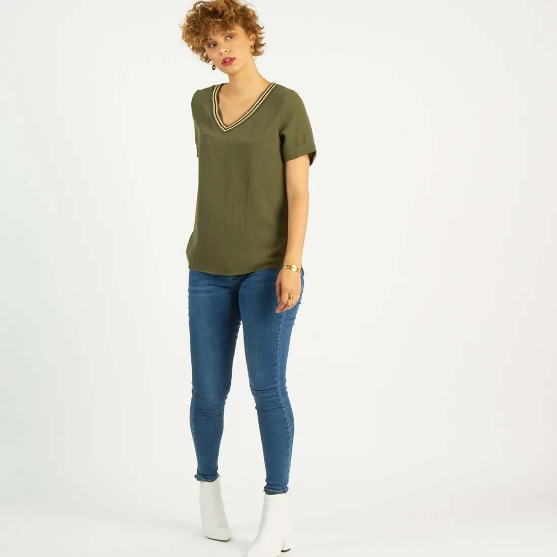 Blouses col V détail bandes à l'encolure Elena