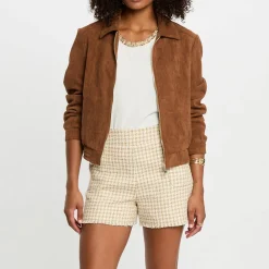 Bomber suédine femme camel en coton