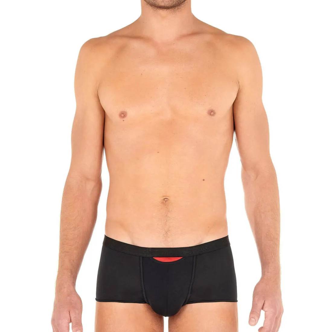 BOXER HO1 COURT AVEC OUVERTURE EN MICROFIBRE NOIR – PLUMES UP