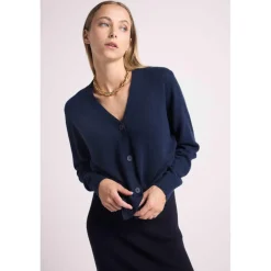 Cardigan boyfriend col V LEA en cachemire bleu marine