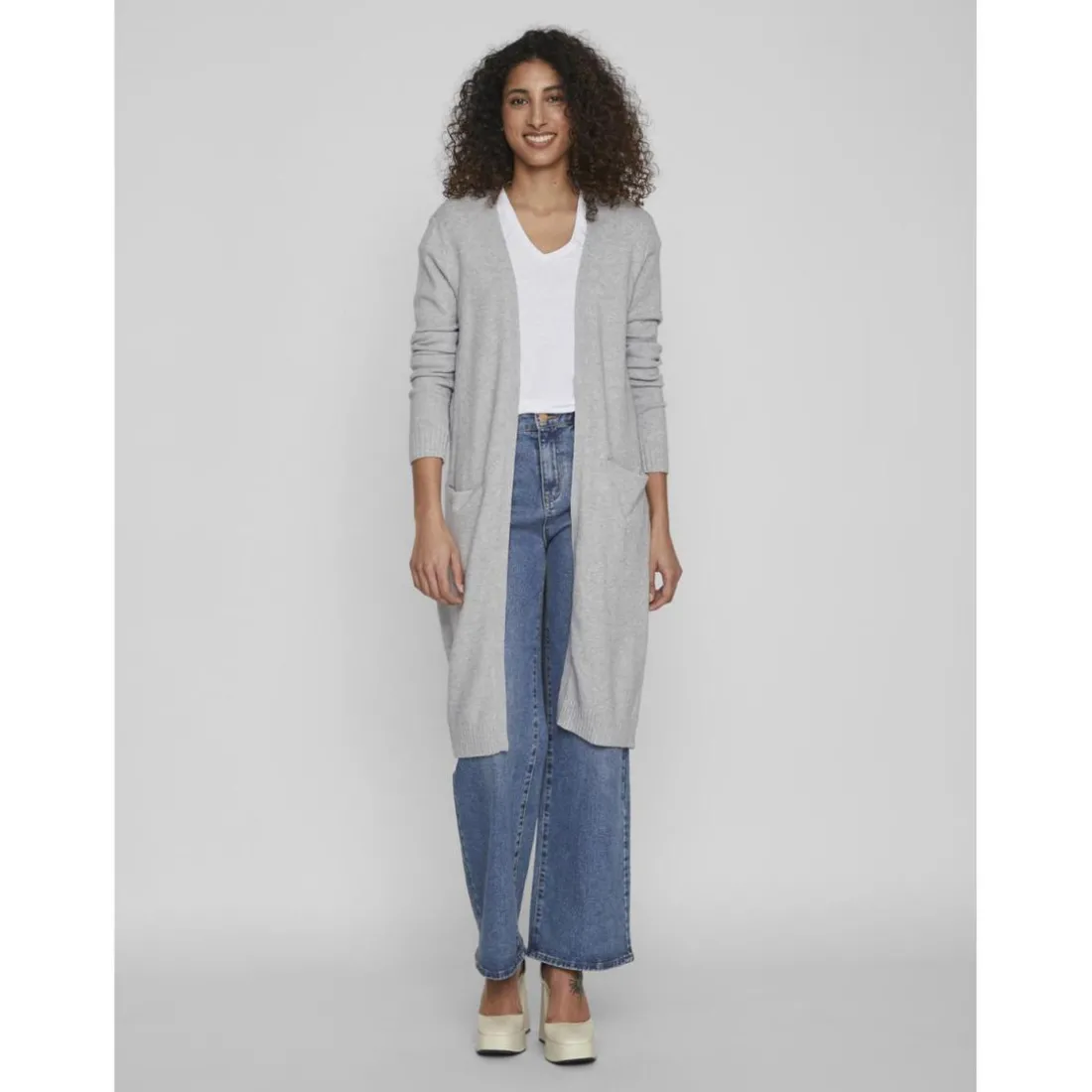 Cardigan col fendu poignets côtelés gris en viscose Ava