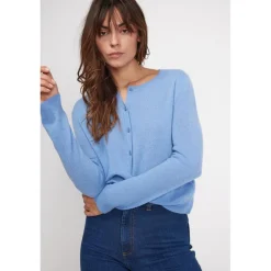 Cardigan col rond femme ZIKA en cachemire bleu ciel