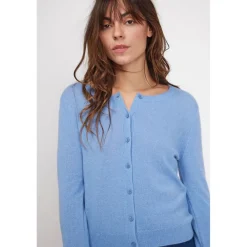 Cardigan col rond femme ZIKA en cachemire bleu ciel